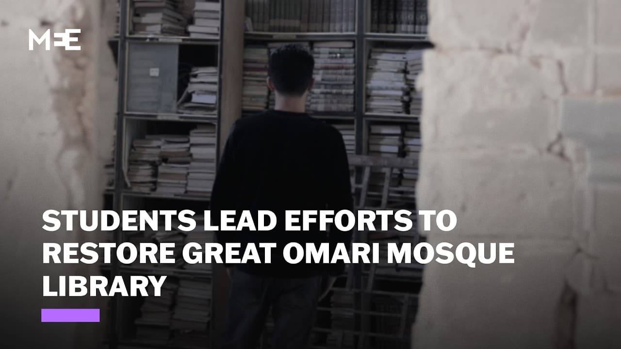 Volunteers work to restore damaged Great Omari Mosque library in Gaza