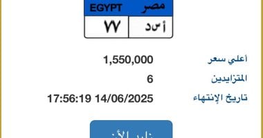 أسد 77.. أحدث لوحة سيارة مميزة مطروحة بالمزاد قيمتها تتخطى 1.5 مليون جنيه020 أسد 77.. أحدث لوحة سيارة مميزة مطروحة بالمزاد قيمتها تتخطى 1.5 مليون جنيه
