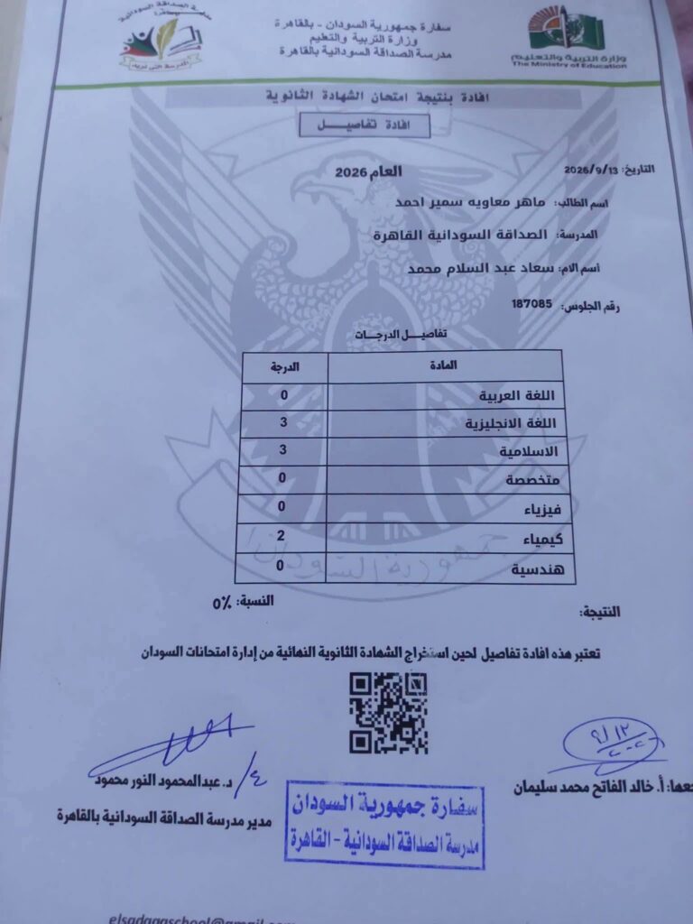 أصفار غامضة في نتيجة طالب جلس لامتحانات الشهادة السودانية بمصر تثير التساؤلات وصدمة على أسرته  